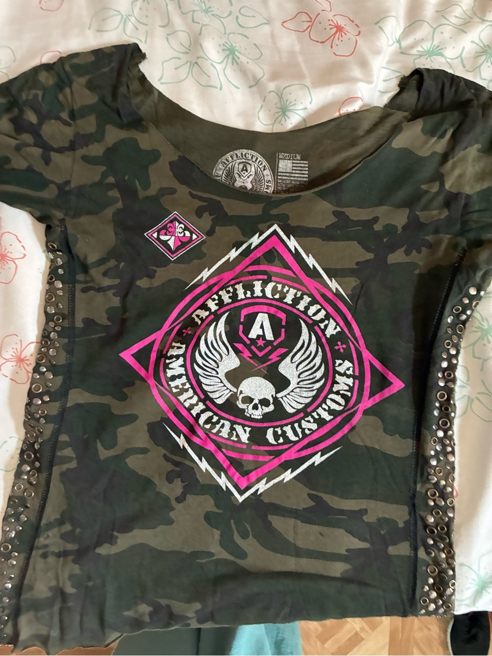 Affliction Women's Camo Short-Sleeve Tee with Hot Pink Graphic